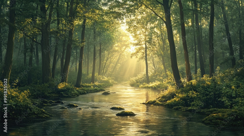 Obraz premium Sunlight Filtering Through Trees onto a Tranquil Forest Stream with Rocks and Lush Greenery