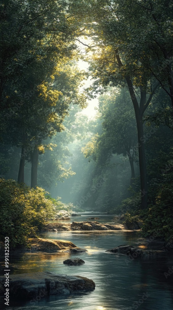 Obraz premium Sunlight Filtering Through Trees onto a Tranquil Forest Stream with Rocks and Lush Greenery