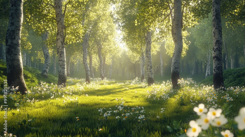 Obraz premium Bright Sunlit Meadow with Yellow Flowers and Lush Green Trees in a Peaceful Forest Setting