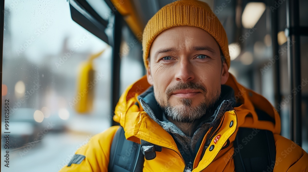 a man in a yellow jacket and hat on a bus a man in a yellow jacket and hat on a bus