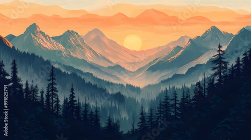 Sunrise Over a Misty Mountain Valley with Pine Trees