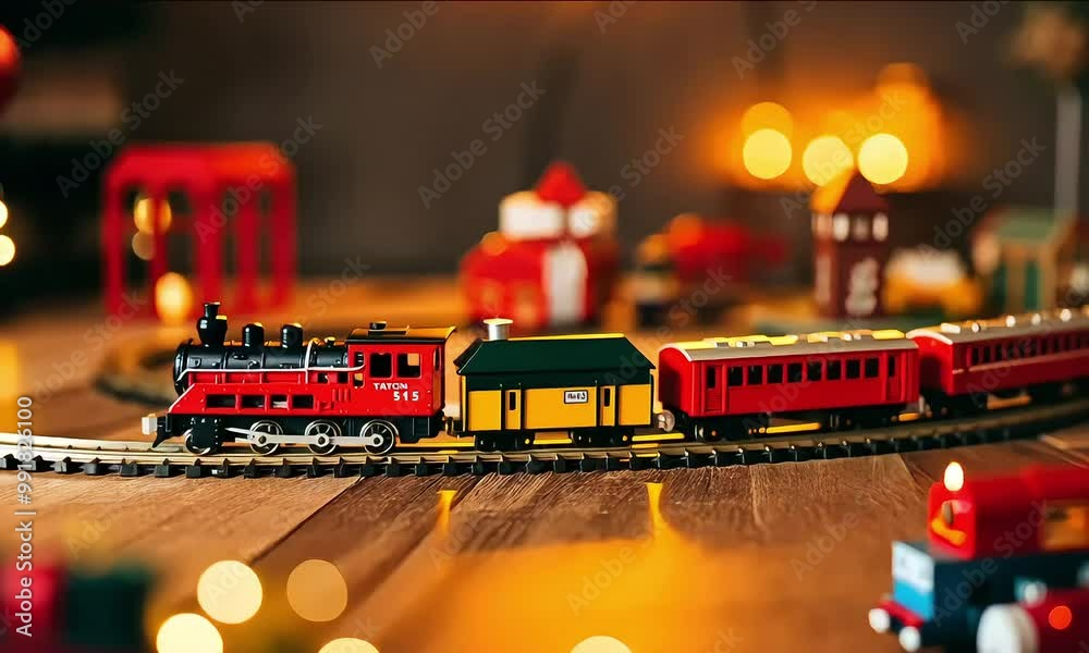 A toy train set on a wooden table, with the train moving along the track.