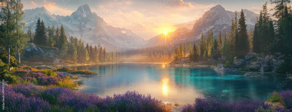 Sunrise Over a Pristine Mountain Lake Surrounded by Purple Wildflowers and Towering Peaks Sunrise Over a Pristine Mountain Lake Surrounded by Purple Wildflowers and Towering Peaks