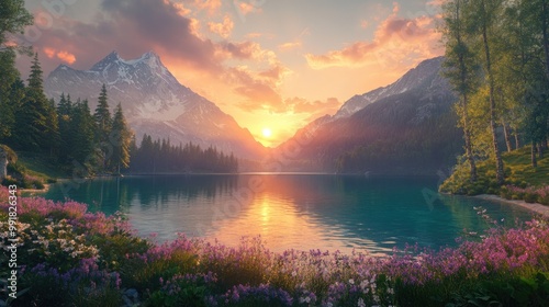 Sunrise Over a Pristine Mountain Lake Surrounded by Purple Wildflowers and Towering Peaks