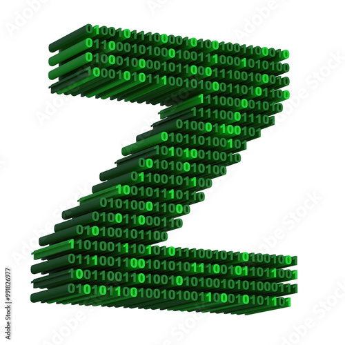 3D isometric letter z font made from binary code digits on transparent background PNG