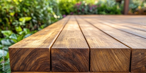 image depicts a close-up of a wooden terrace or deck, focusing on the grain and texture of the wood planks