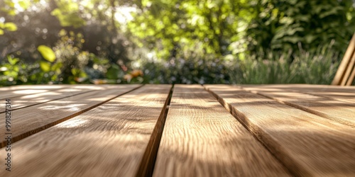 image depicts a close-up of a wooden terrace or deck, focusing on the grain and texture of the wood planks