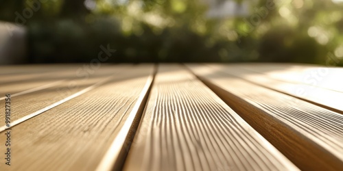 image depicts a close-up of a wooden terrace or deck, focusing on the grain and texture of the wood planks