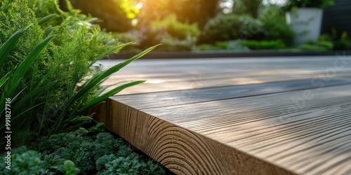 image depicts a close-up of a wooden terrace or deck, focusing on the grain and texture of the wood planks