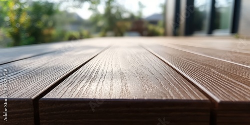 image depicts a close-up of a wooden terrace or deck, focusing on the grain and texture of the wood planks