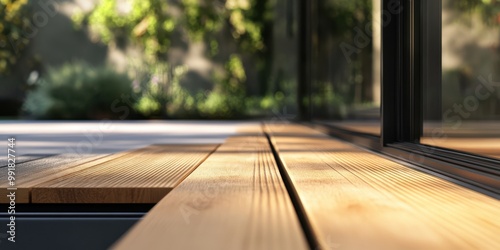 image depicts a close-up of a wooden terrace or deck, focusing on the grain and texture of the wood planks