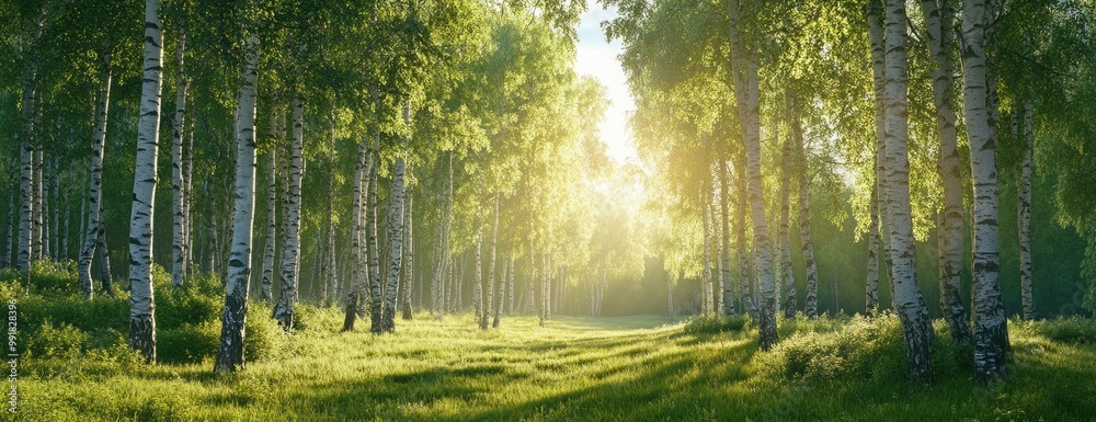 Sunlit Birch Tree Lane with Shadows Stretching Across the Grass Sunlit Birch Tree Lane with Shadows Stretching Across the Grass