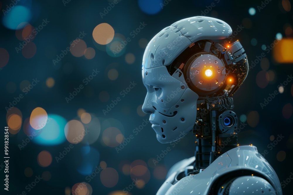 ai robot in side view, dark blurred backdrop, ideal for adding text and design ai robot in side view, dark blurred backdrop, ideal for adding text and design