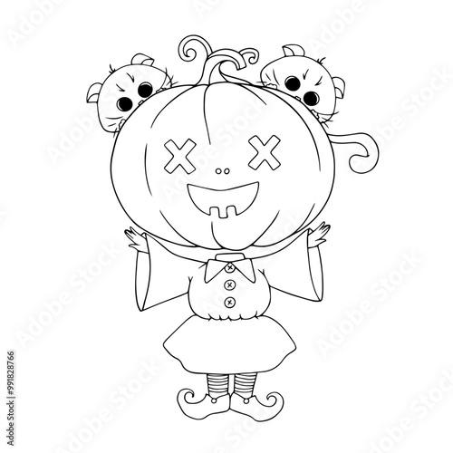 Line sketch of a funny little witch with a pumpkin instead of a head. Vector graphics.