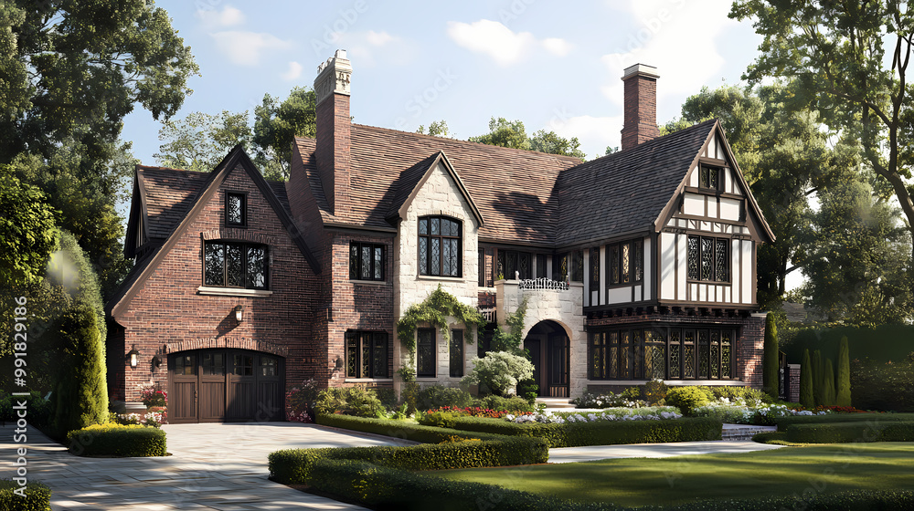 Traditional tudor style house with modern twist. Tudor Architecture. Illustration