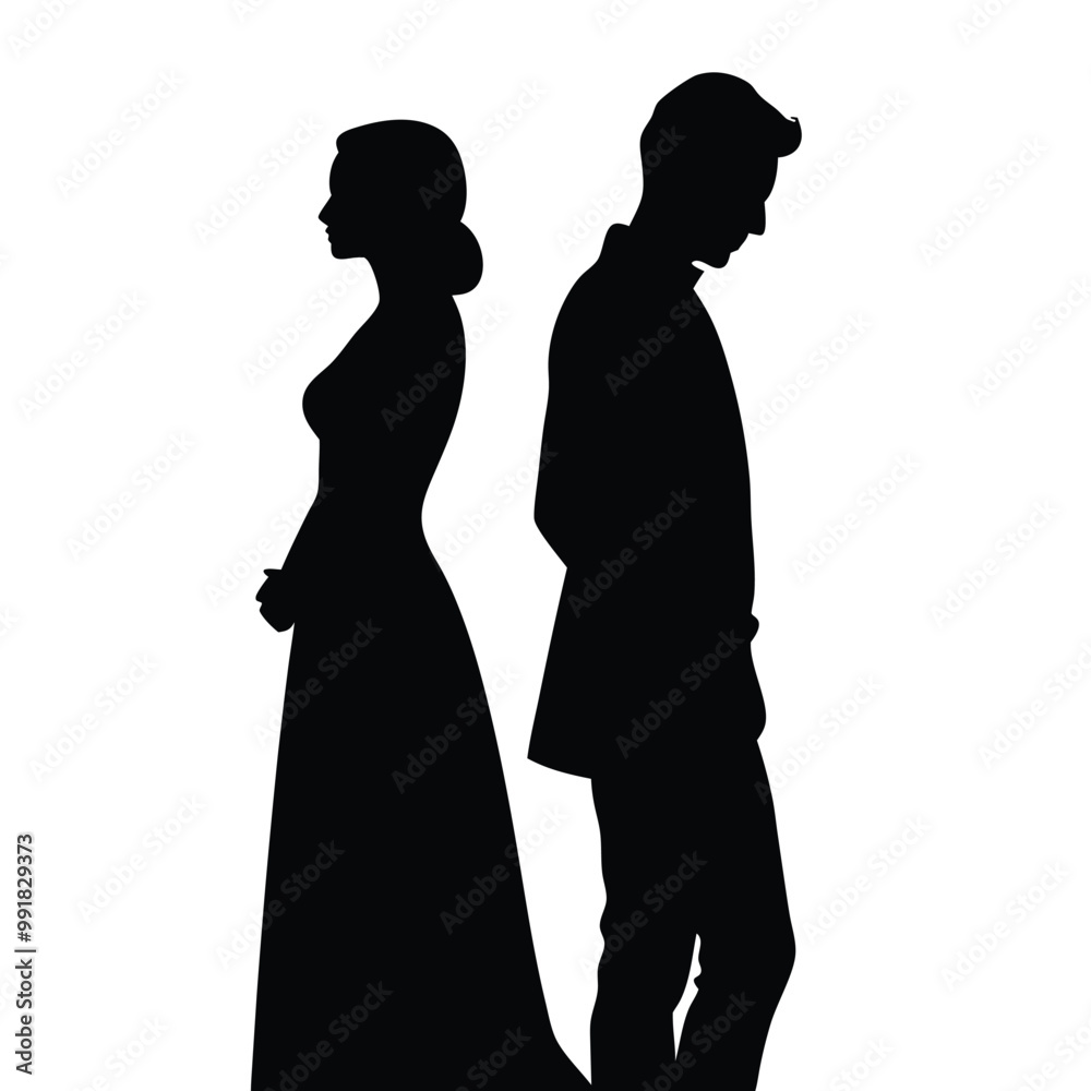 a black silhouette of a man and a woman standing side by side , silhouette vector illustration, a black silhouette of a man and a woman standing side by side , silhouette vector illustration,