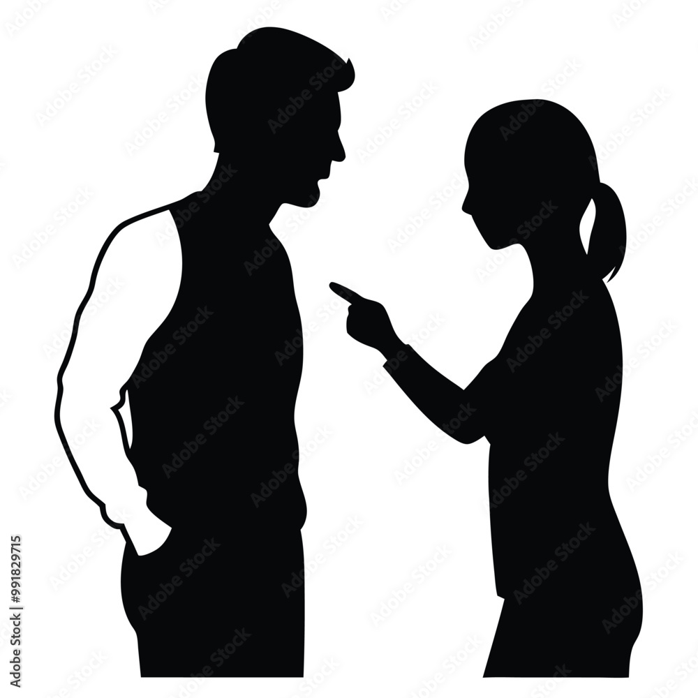 a black silhouette of a man and a woman standing side by side. The man is on the left side of the image and is pointing his finger towards the woman on the right side. vector silhouette, a black silhouette of a man and a woman standing side by side. The man is on the left side of the image and is pointing his finger towards the woman on the right side. vector silhouette,