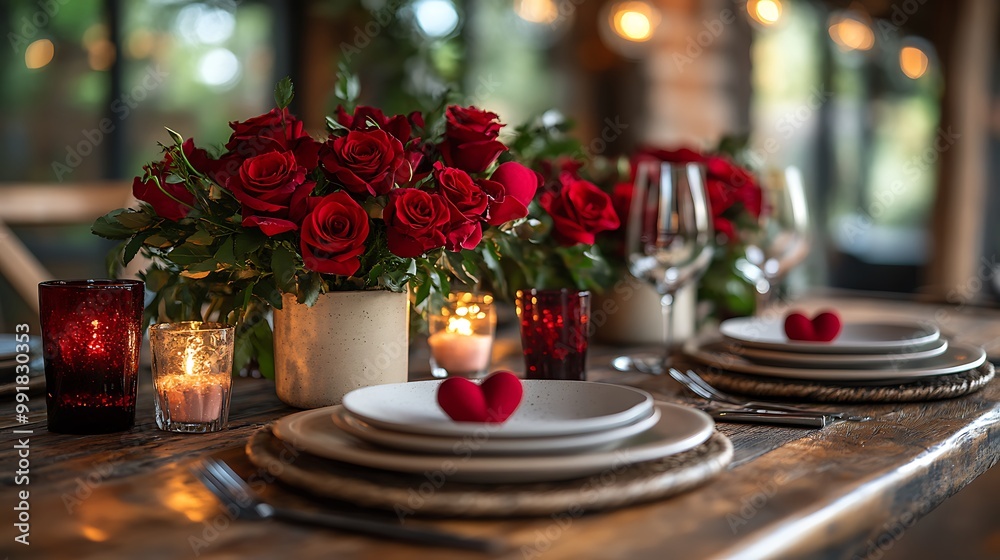 Romantic table setting with red roses, candles, and heart-shaped decorations. Romantic table setting with red roses, candles, and heart-shaped decorations.
