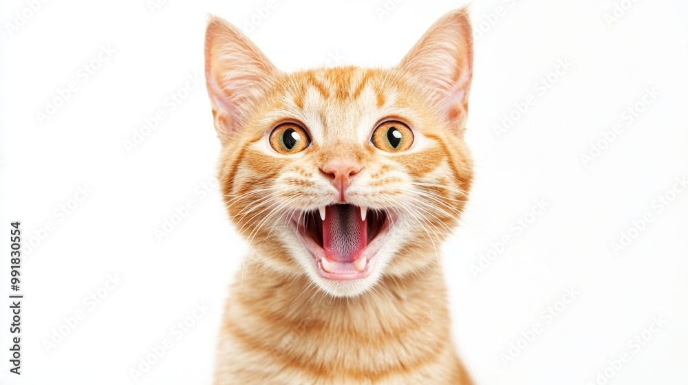 Obraz premium Excited ginger cat with an open mouth shows playful expression against a bright white background