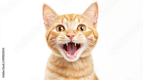 Excited ginger cat with an open mouth shows playful expression against a bright white background photo