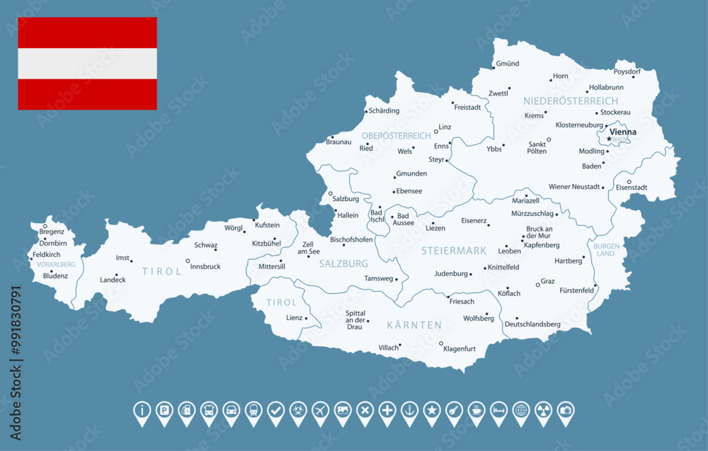 Obraz premium Austria - detailed country map with cities and regions. Infographic icons. Vector illustration