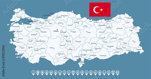 Turkey - detailed country map with cities and regions. Infographic icons. Vector illustration.