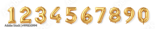 Gold Foil Balloon Numbers, Set of Realistic Balloons isolated on Transparent Background. Festive decorations set