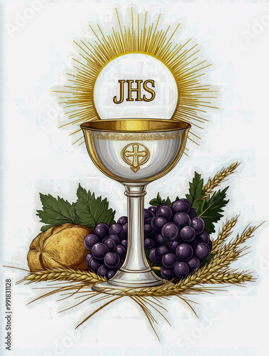 Eucharistic chalice with host, grapes, and wheat