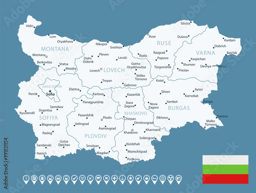 Bulgaria - detailed country map with cities and regions. Infographic icons. Vector illustration. photo