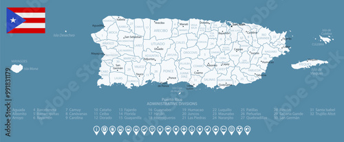 Puerto Rico - detailed country map with cities and regions. Infographic icons. Vector illustration.