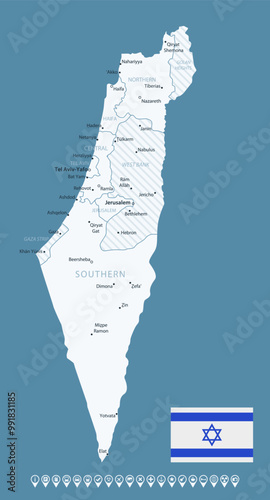 Israel - detailed country map with cities and regions. Infographic icons. Vector illustration.