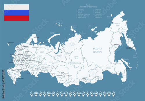 Russia - detailed country map with cities and regions. Infographic icons. Vector illustration.