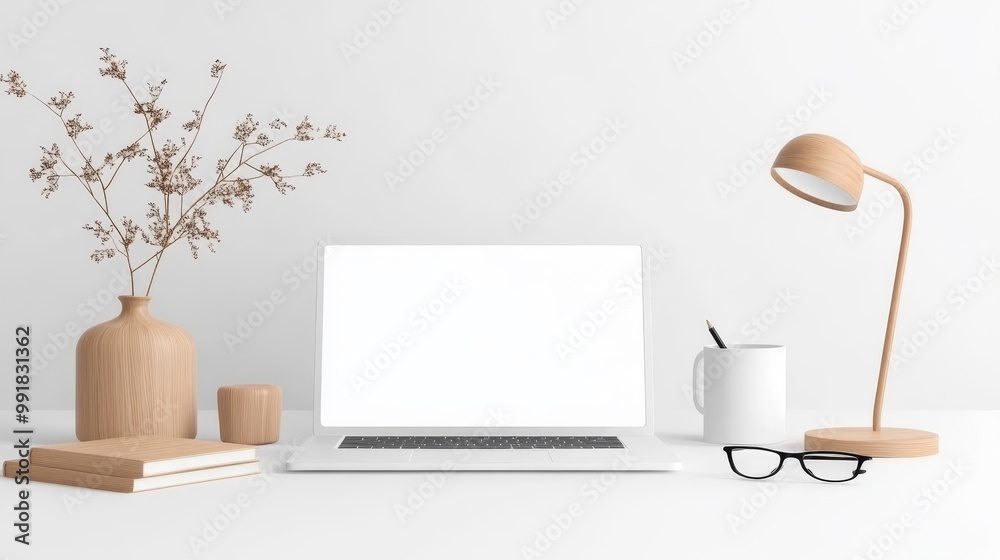 Fototapeta premium Minimalist Workspace with Laptop and Modern Decor