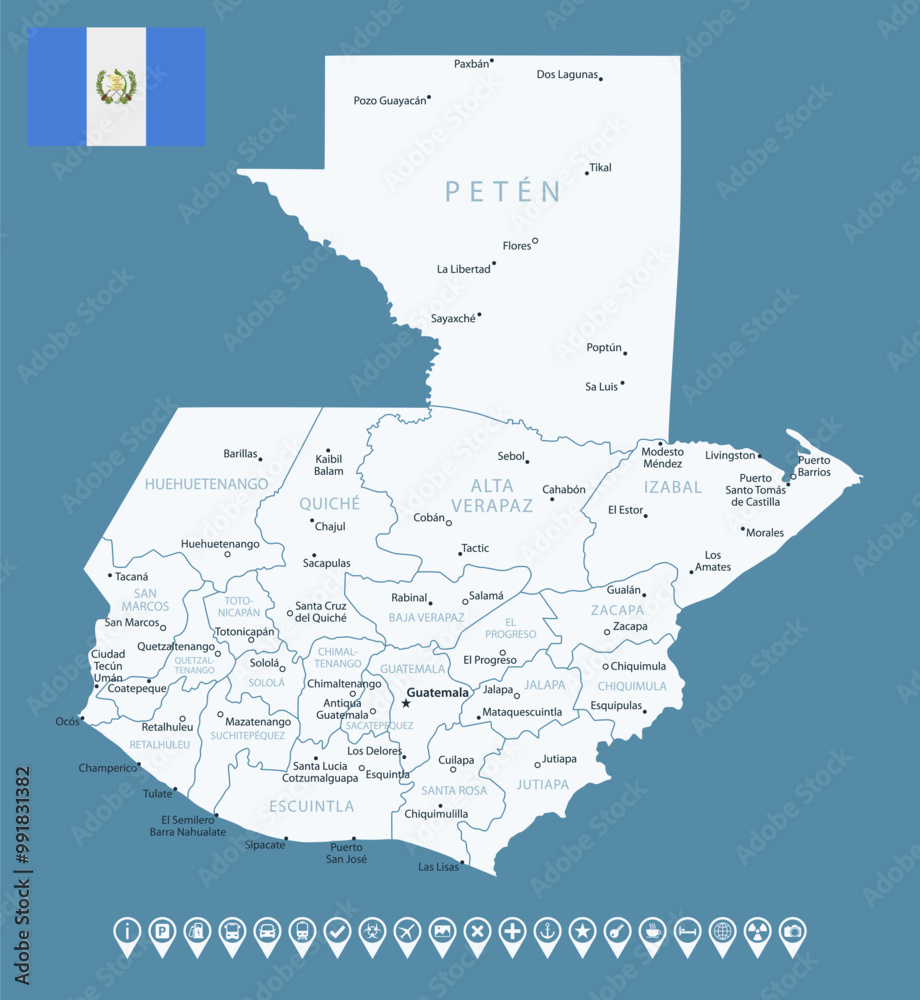 Fototapeta Guatemala - detailed country map with cities and regions. Infographic icons. Vector illustration.