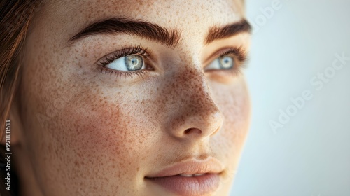 Close-up of Freckled Woman's Eye with Blue Eyes.