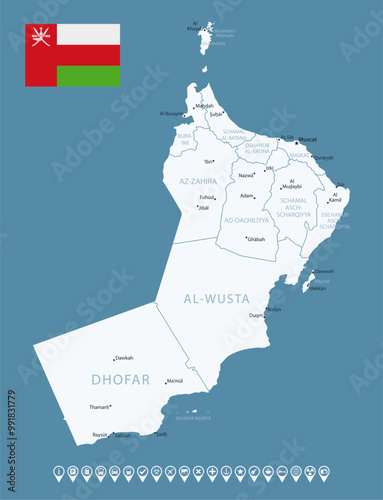 Oman - detailed country map with cities and regions. Infographic icons. Vector illustration.