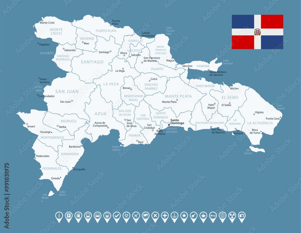 Obraz premium Dominican Republic - detailed country map with cities and regions. Infographic icons. Vector illustration.