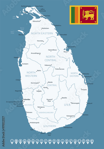 Sri Lanka - detailed country map with cities and regions. Infographic icons. Vector illustration.