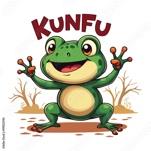 "Kungfu Frog Cartoon T-Shirt Design | Cute Martial Arts Frog Graphic with Bold Fun Font"