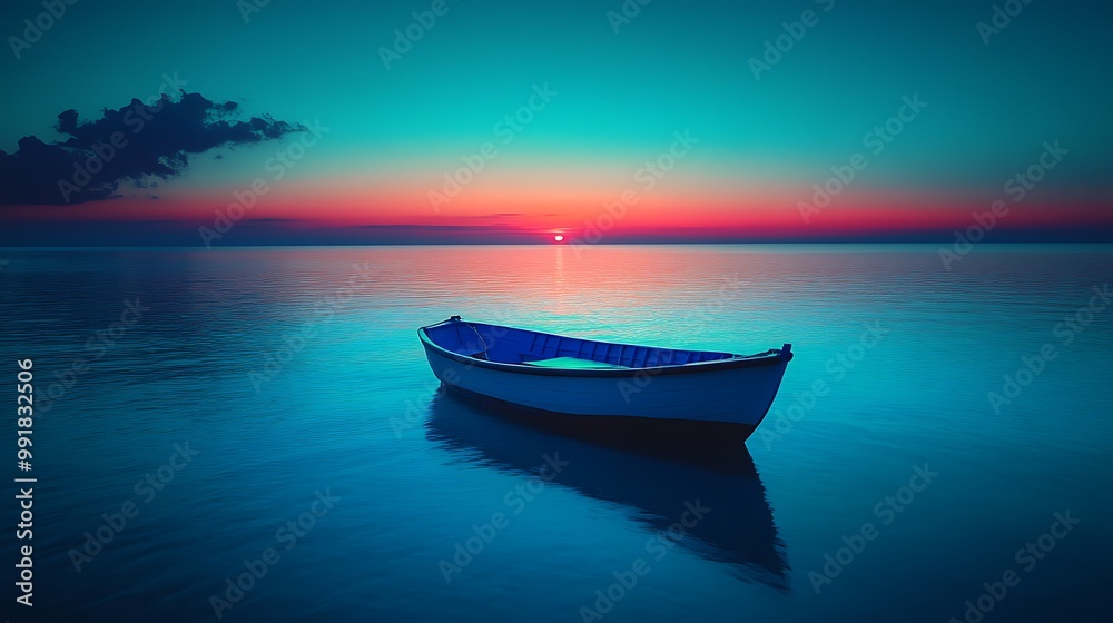 A lonely boat floating in the vast blue expanse of the sea photo A lonely boat floating in the vast blue expanse of the sea photo