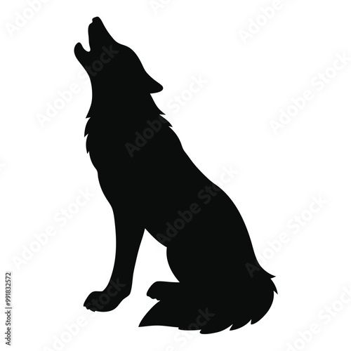 a howling wolf. The wolf is sitting on its hind legs with its front paws resting on the ground. vector silhouette, 