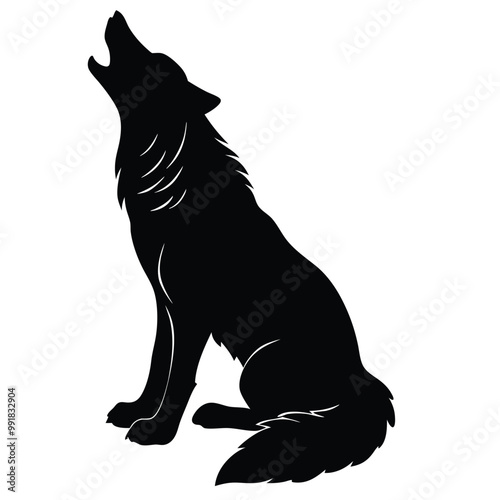 a howling wolf. The wolf is sitting on its hind legs with its front paws resting on the ground. vector silhouette, 