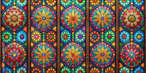 Stained Glass Window with Floral Motifs and Jewel Tones, stained glass, mosaic, floral art