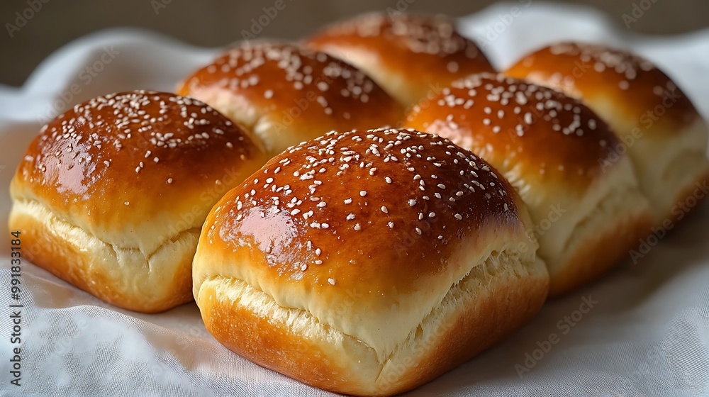 Six freshly baked, golden brown hamburger buns sprinkled with sesame seeds on a white cloth. Six freshly baked, golden brown hamburger buns sprinkled with sesame seeds on a white cloth.