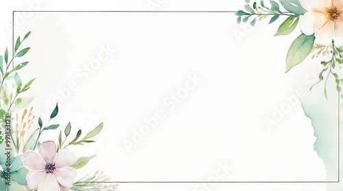 Watercolor floral frame with delicate flowers and an inside border frame, including copy space.