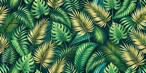 Tropical Paradise Lush Green and Yellow Palm Leaf Pattern, Seamless, Digital Illustration, Palm Leaves, Tropical, Jungle, Botanical