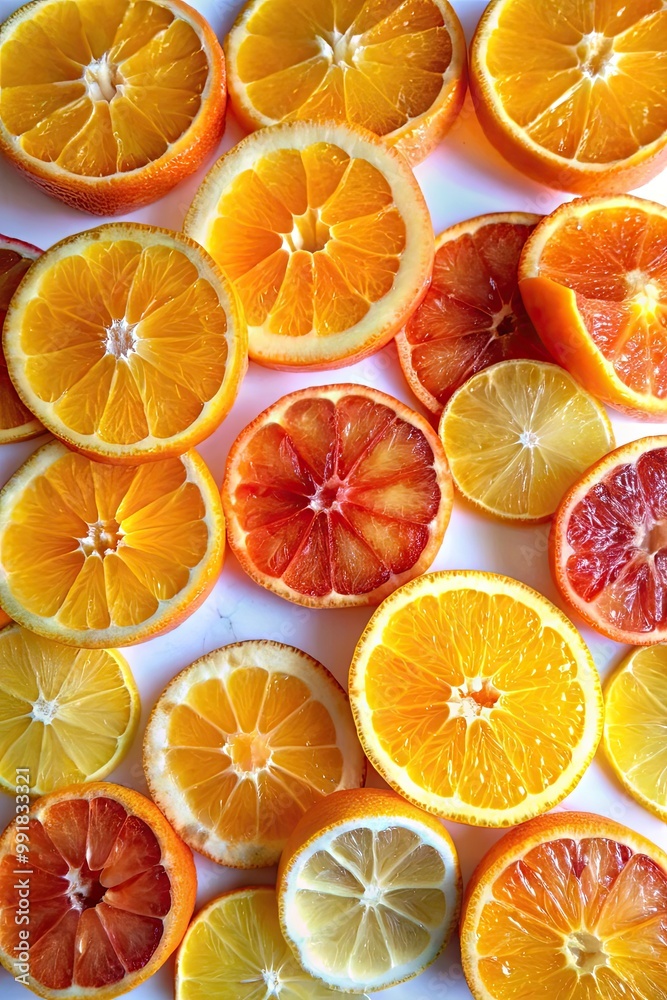 Sliced citrus fruits arranged in a vibrant, colorful pattern. Sliced citrus fruits arranged in a vibrant, colorful pattern.