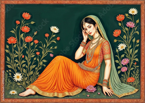 Indian Mughal era style illustration of Indian woman wearing saree and jewelry, wallpaper mural for living room decoration