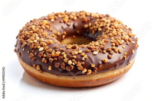 Fresh chocolate donut with a nut crumb isolated on a white background, sweet, snack, circular, isolated, bakery, pastry, round, close-up, indulgence, scrumptious, sugar, mouthwatering