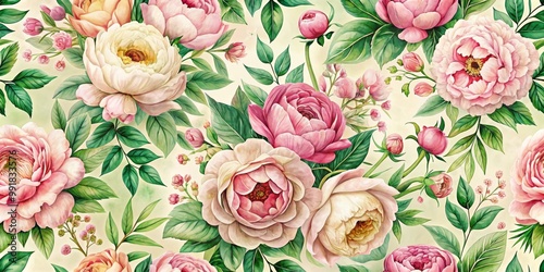 Watercolor Peony and Rose Floral Seamless Pattern, Watercolor painting, Floral design, Flower pattern, Botanical illustration, Floral background, Rose